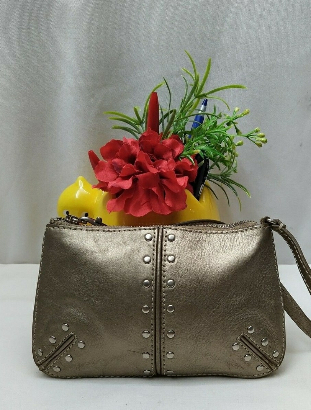 Michael Kors Altor Gray Bronze Leather Studs Zipper Wristlet - Coin Wallet